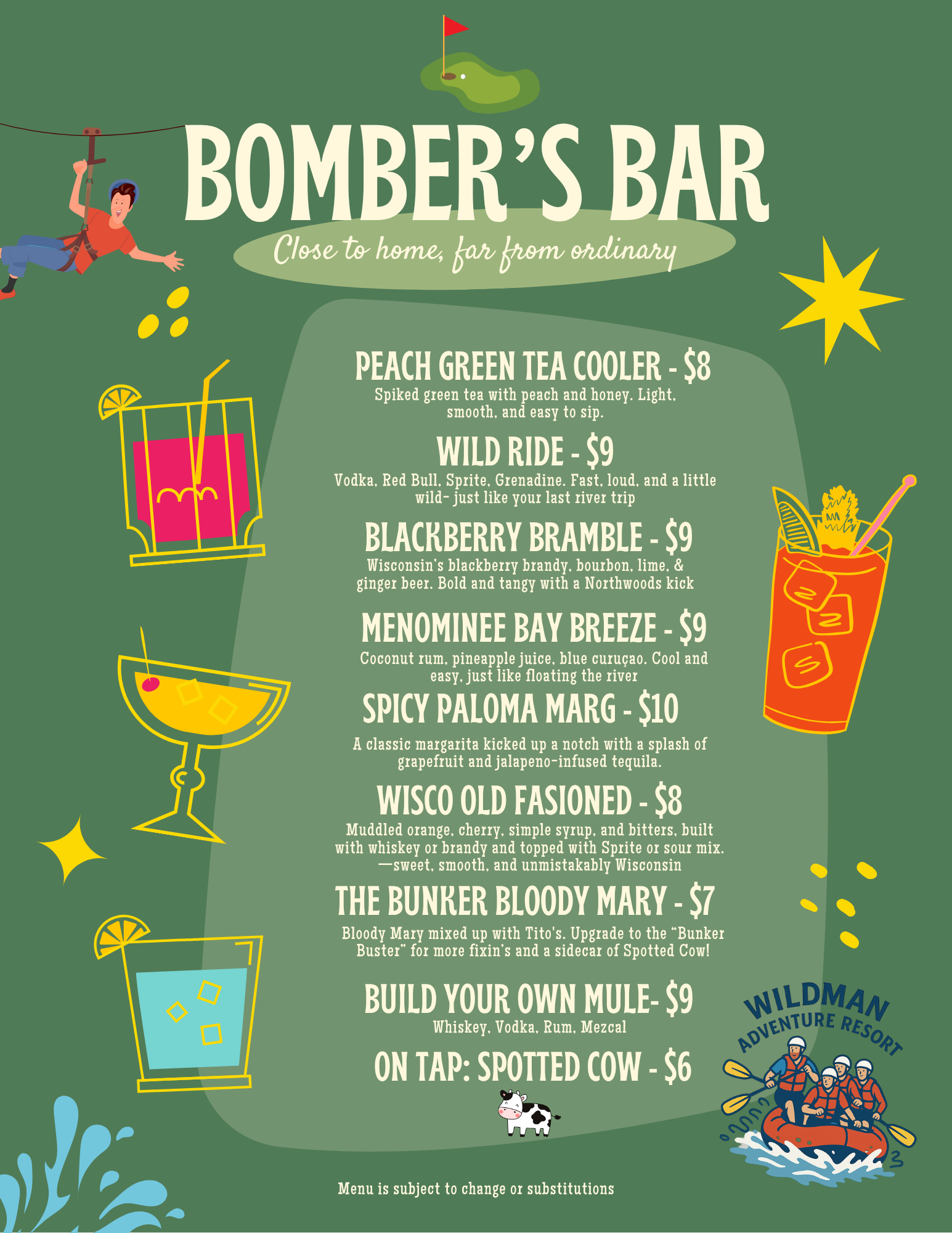 Bomber’s Bar cocktail menu featuring signature drinks, beer, and prices